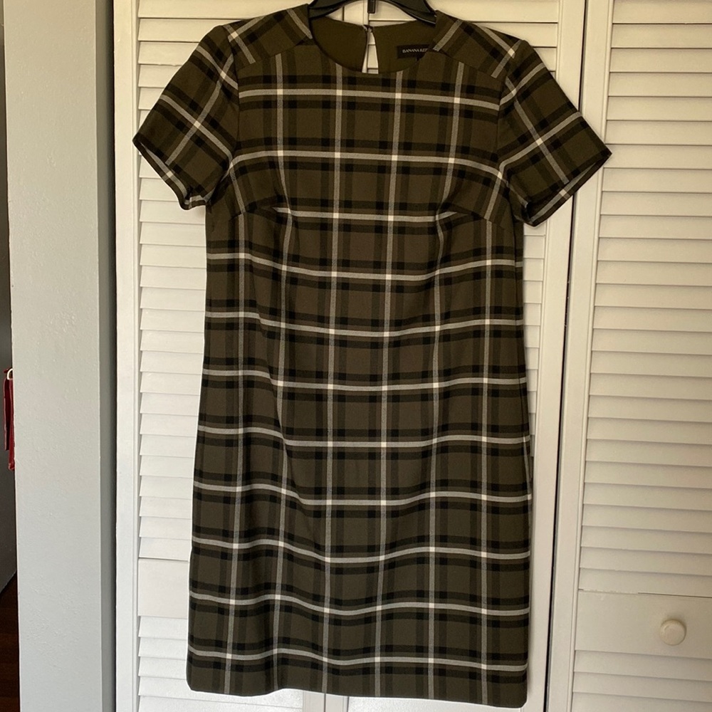 Banana Republic Shift Plaid Short Sleeve Green Dress Size XS